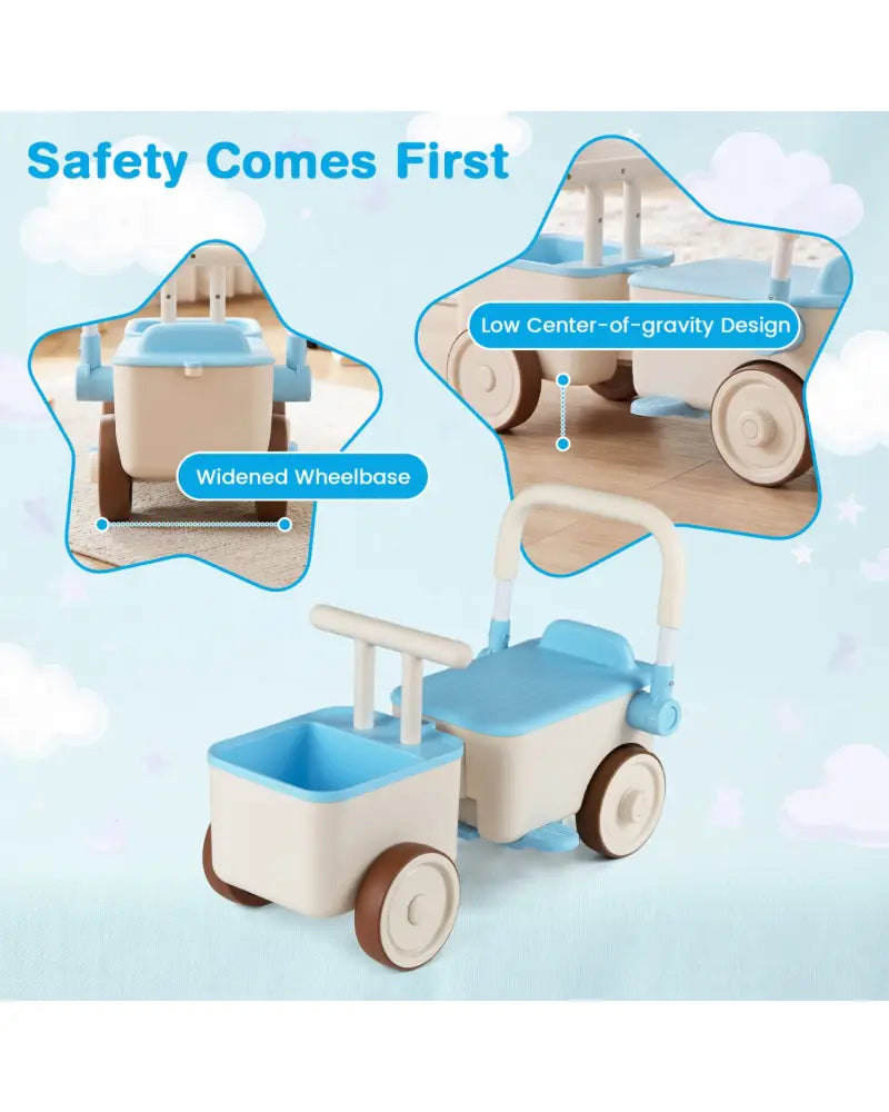 3-in-1 Kids Ride On Push Car with Rope and Storage Basket-Blue - Blue - Push & Pedal Ride On Toys