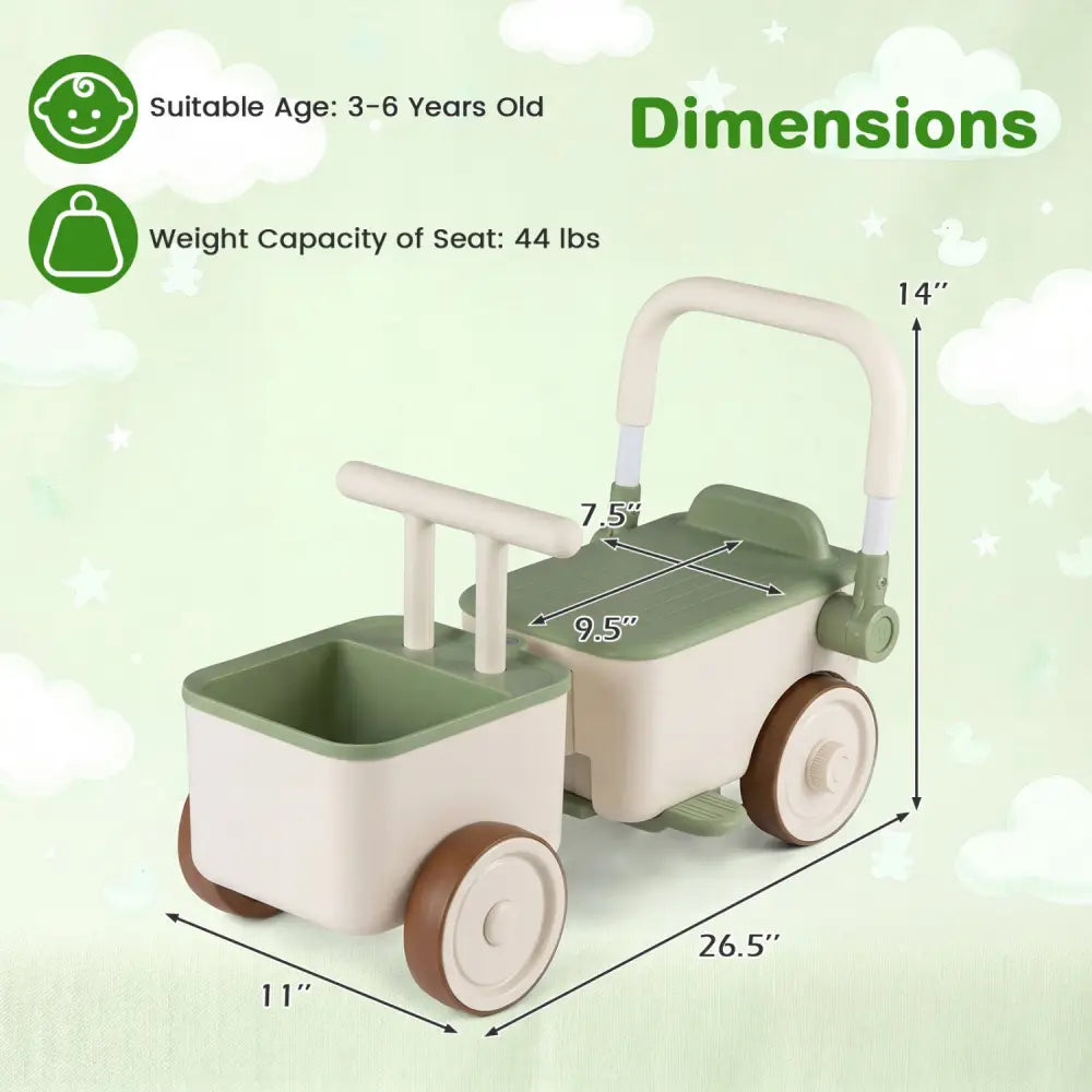 3-in-1 Kids Ride On Push Car with Rope and Storage Basket-Green - Green - Push & Pedal Ride On Toys
