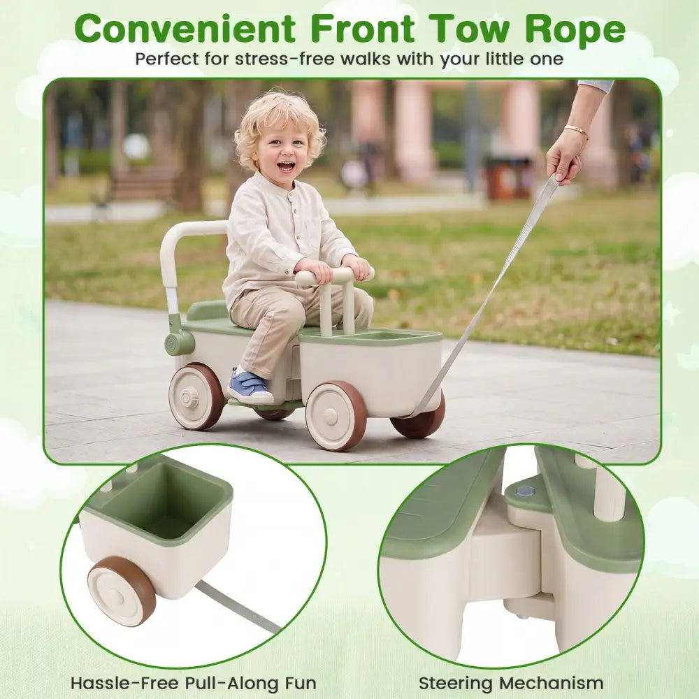 3-in-1 Kids Ride On Push Car with Rope and Storage Basket-Green - Green - Push & Pedal Ride On Toys