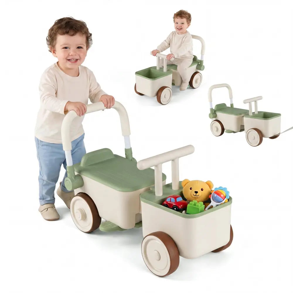 3-in-1 Kids Ride On Push Car with Rope and Storage Basket-Green - Green - Push & Pedal Ride On Toys