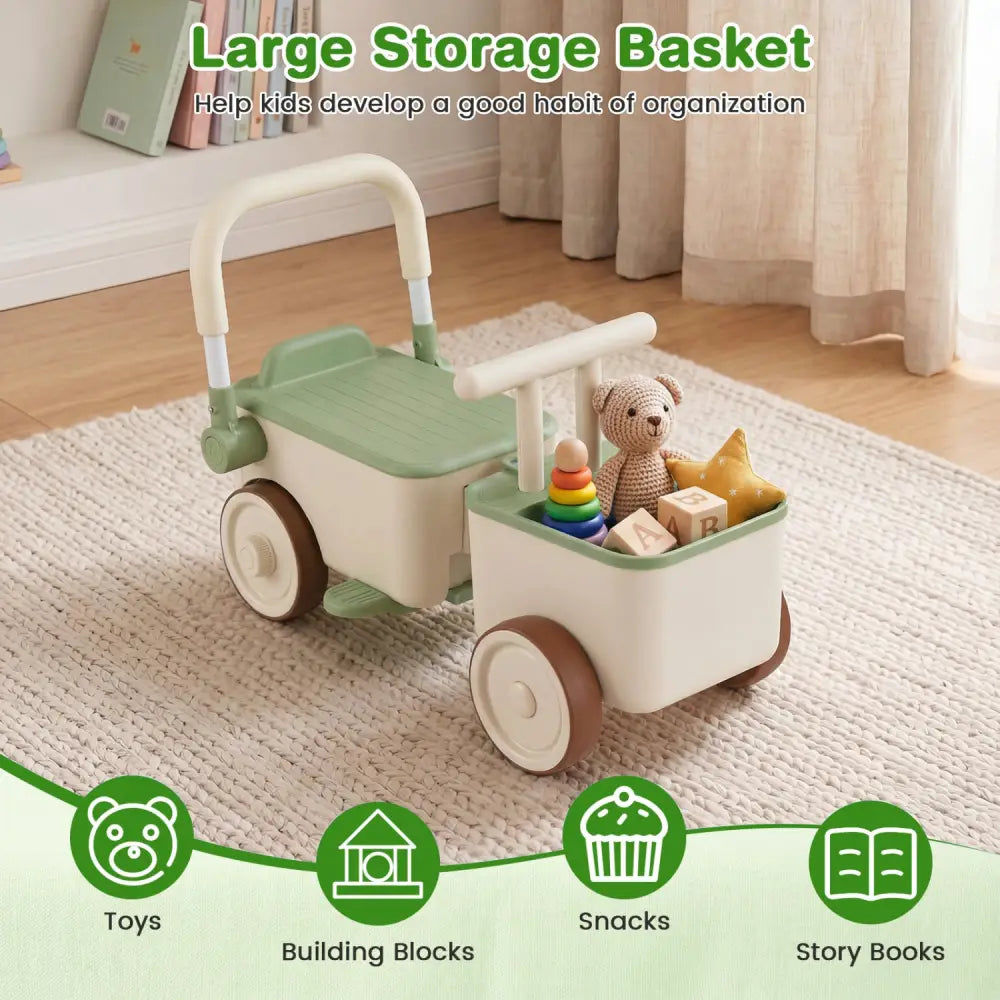 3-in-1 Kids Ride On Push Car with Rope and Storage Basket-Green - Green - Push & Pedal Ride On Toys
