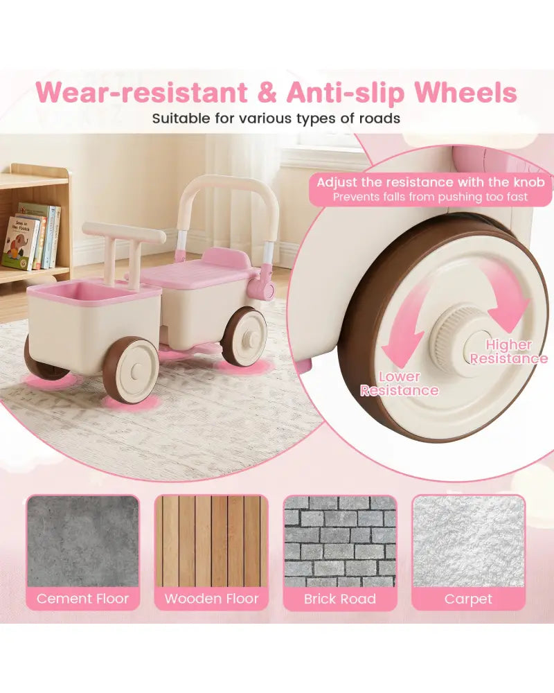 3-in-1 Kids Ride On Push Car with Rope and Storage Basket-Pink - Pink - Push & Pedal Ride On Toys