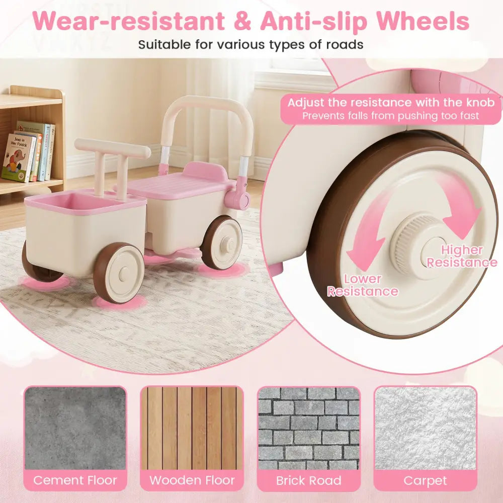 3-in-1 Kids Ride On Push Car with Rope and Storage Basket-Pink - Pink - Push & Pedal Ride On Toys