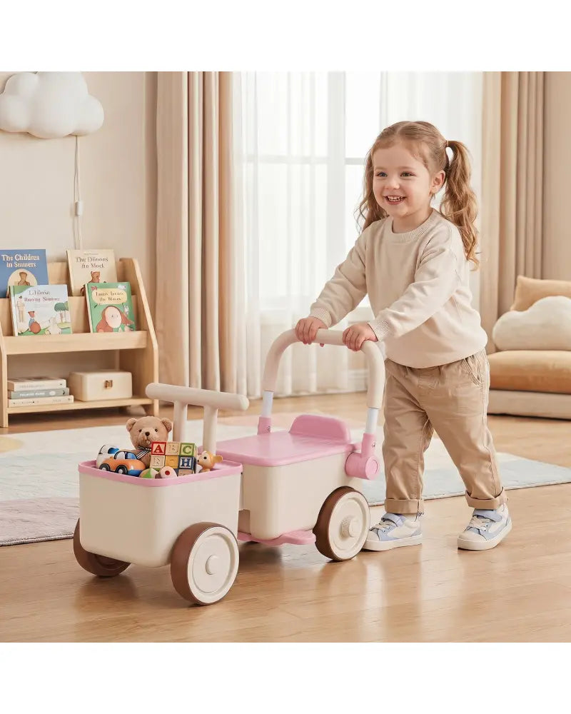 3-in-1 Kids Ride On Push Car with Rope and Storage Basket-Pink - Pink - Push & Pedal Ride On Toys