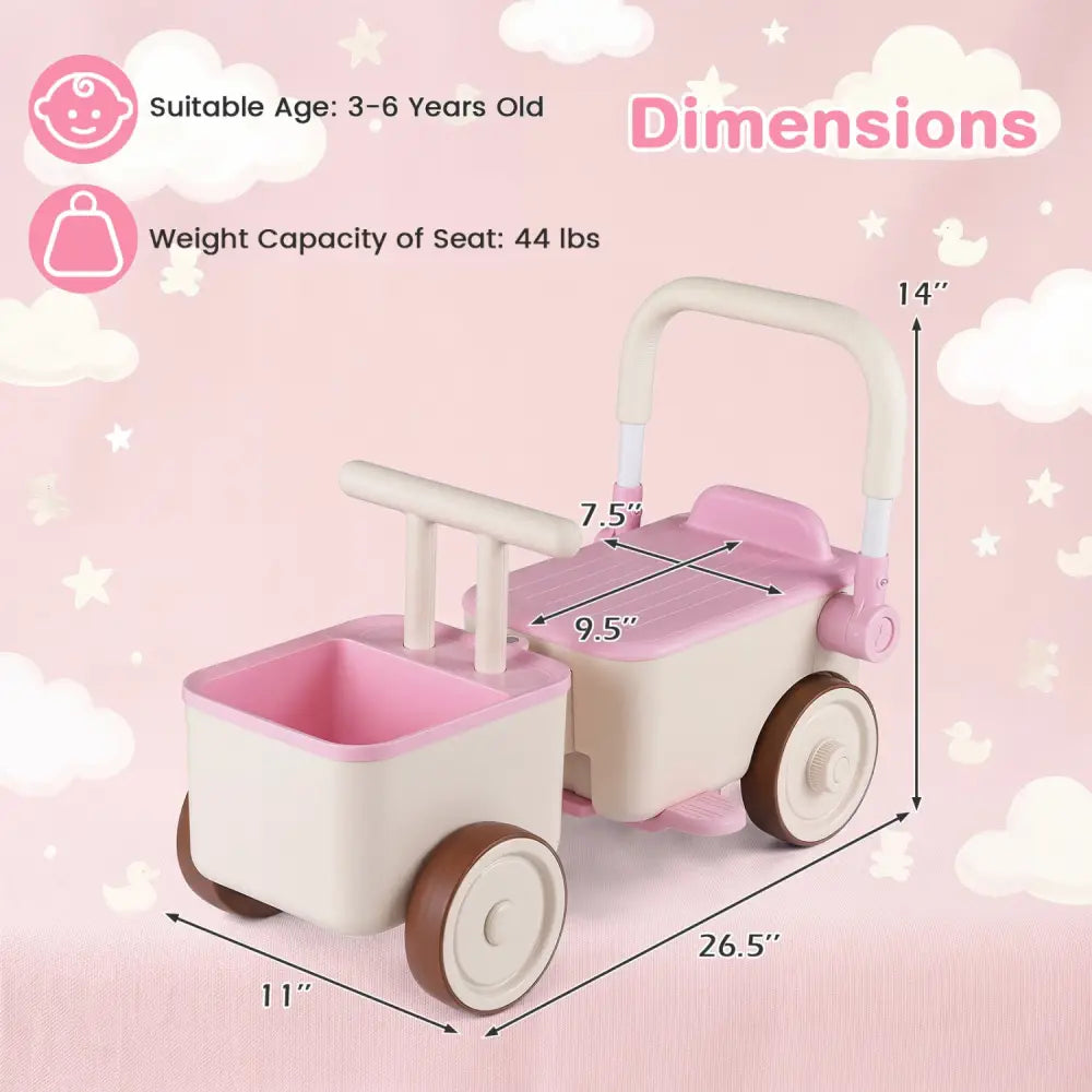 3-in-1 Kids Ride On Push Car with Rope and Storage Basket-Pink - Pink - Push & Pedal Ride On Toys