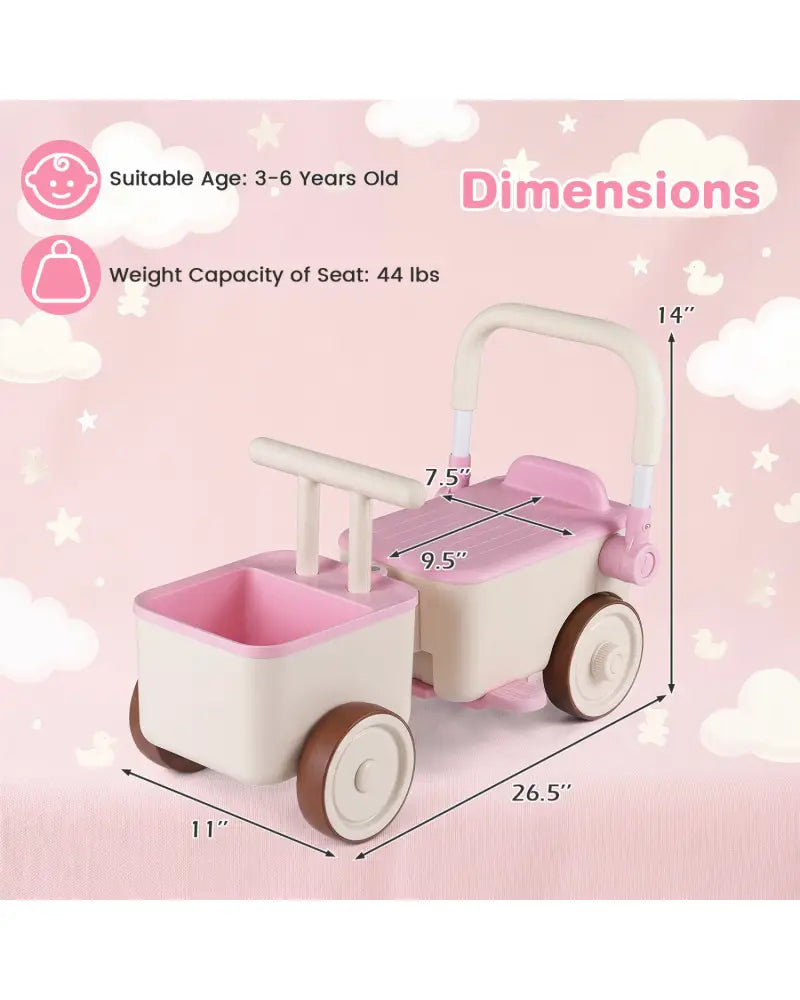 3-in-1 Kids Ride On Push Car with Rope and Storage Basket-Pink - Pink - Push & Pedal Ride On Toys