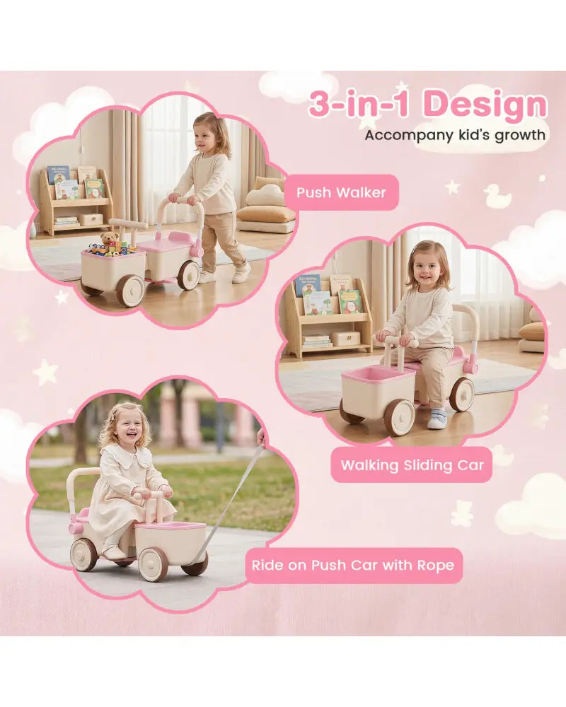 3-in-1 Kids Ride On Push Car with Rope and Storage Basket-Pink - Pink - Push & Pedal Ride On Toys