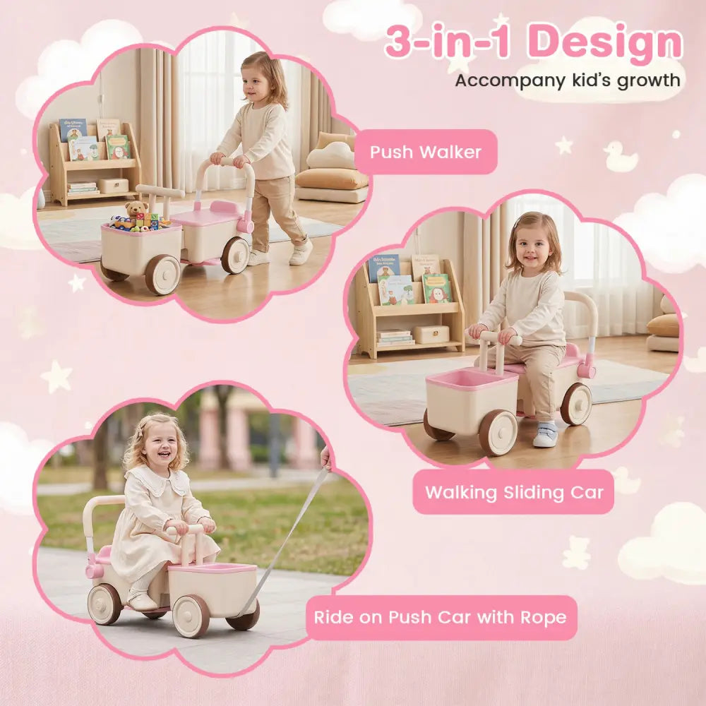 3-in-1 Kids Ride On Push Car with Rope and Storage Basket-Pink - Pink - Push & Pedal Ride On Toys