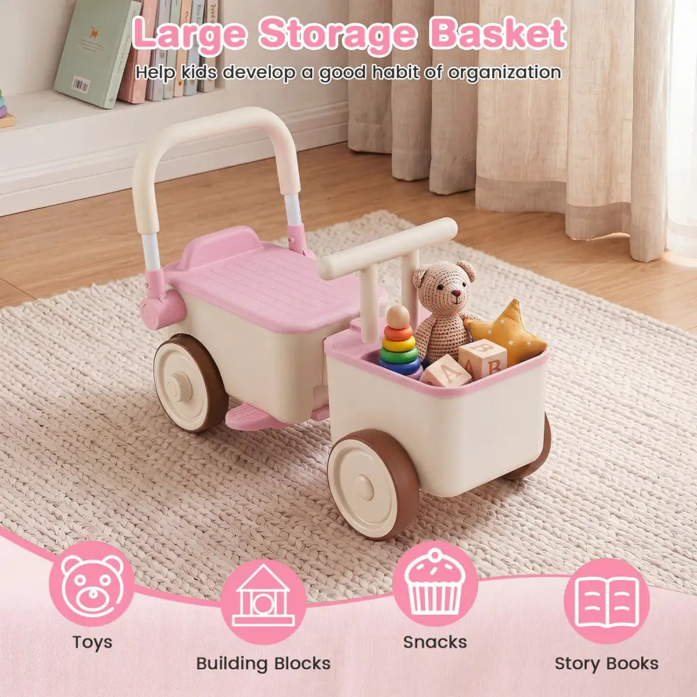 3-in-1 Kids Ride On Push Car with Rope and Storage Basket-Pink - Pink - Push & Pedal Ride On Toys
