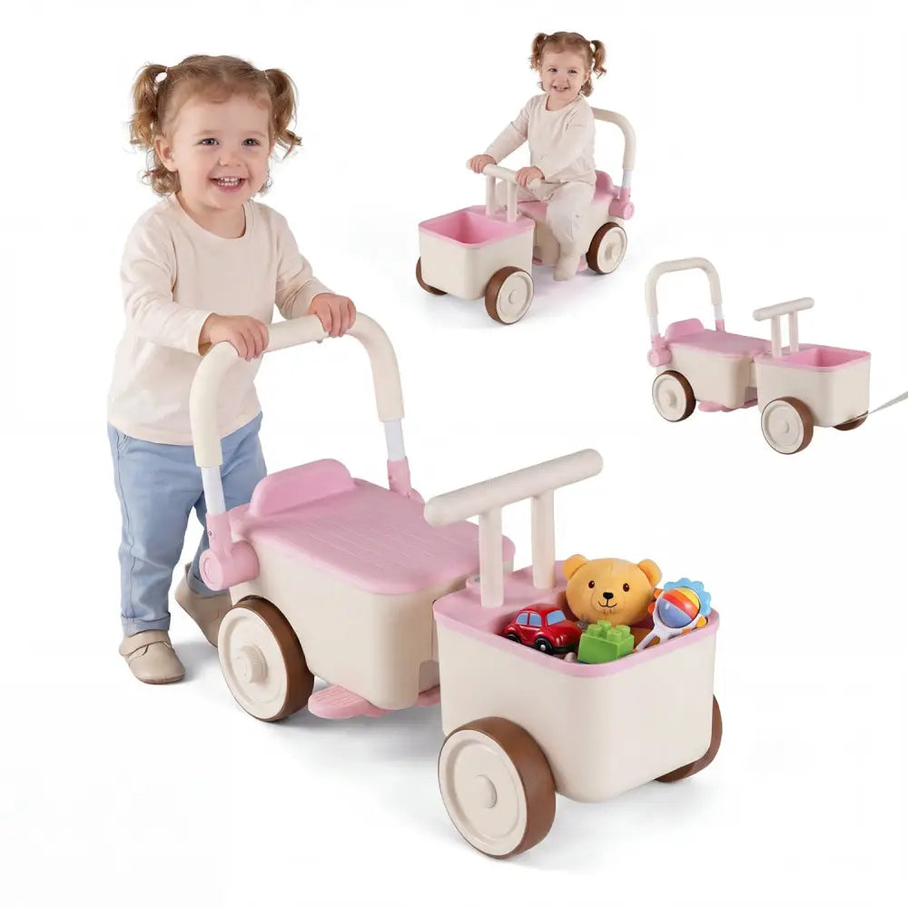 3-in-1 Kids Ride On Push Car with Rope and Storage Basket-Pink - Pink - Push & Pedal Ride On Toys
