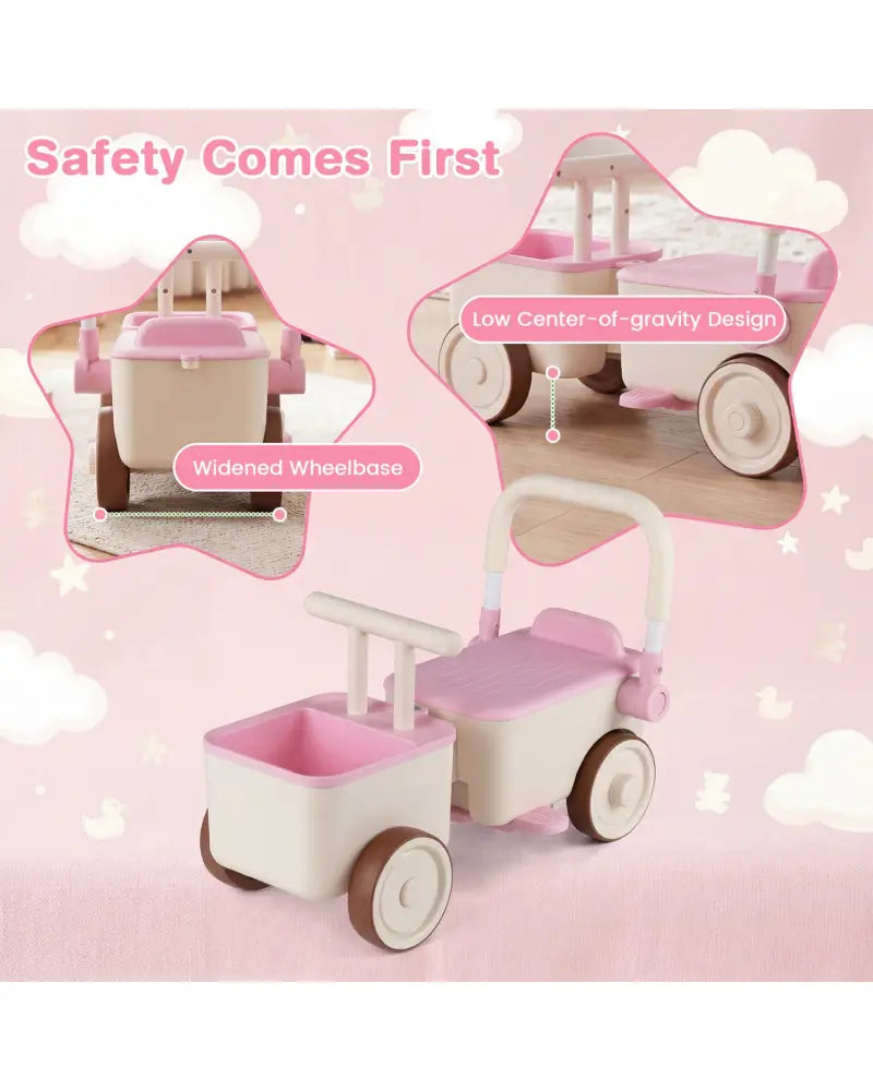 3-in-1 Kids Ride On Push Car with Rope and Storage Basket-Pink - Pink - Push & Pedal Ride On Toys