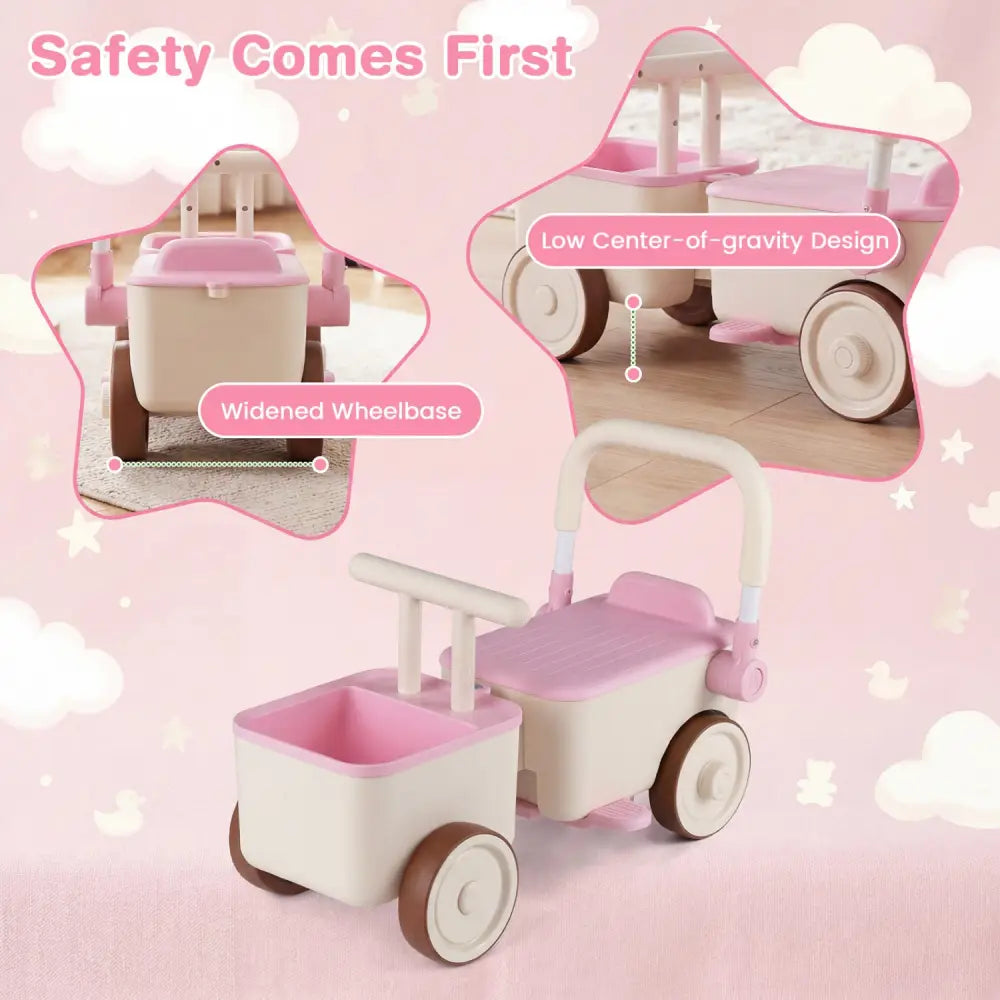 3-in-1 Kids Ride On Push Car with Rope and Storage Basket-Pink - Pink - Push & Pedal Ride On Toys