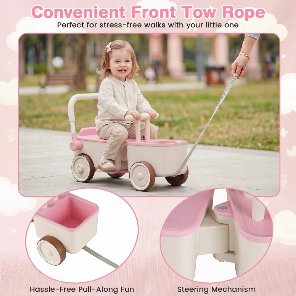 3-in-1 Kids Ride On Push Car with Rope and Storage Basket-Pink - Pink - Push & Pedal Ride On Toys