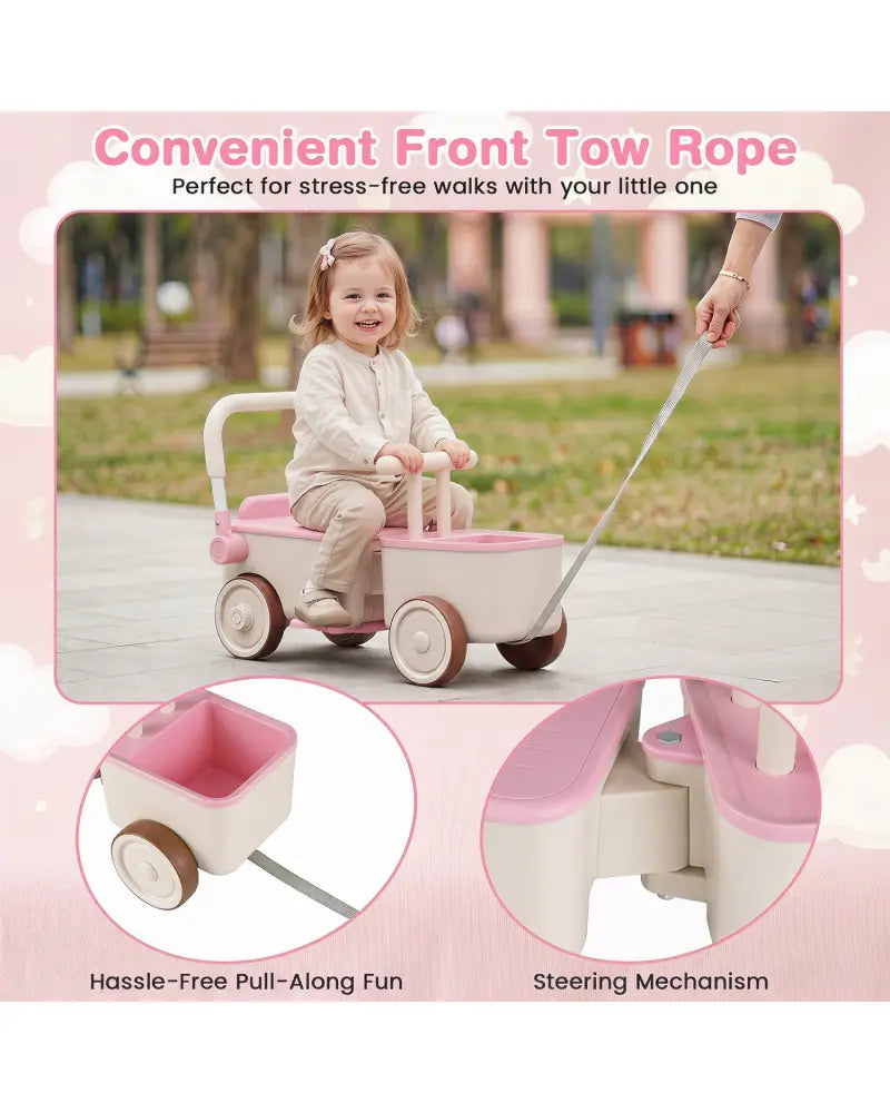 3-in-1 Kids Ride On Push Car with Rope and Storage Basket-Pink - Pink - Push & Pedal Ride On Toys