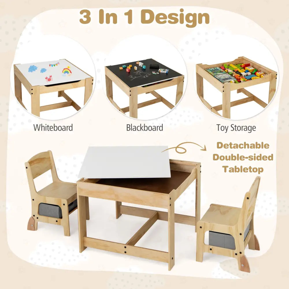 3 in 1 Kids Table and Chair Set with Removable Tabletop and 2 Storage Drawers-Gray - Gray - Kids Table & Chair Sets