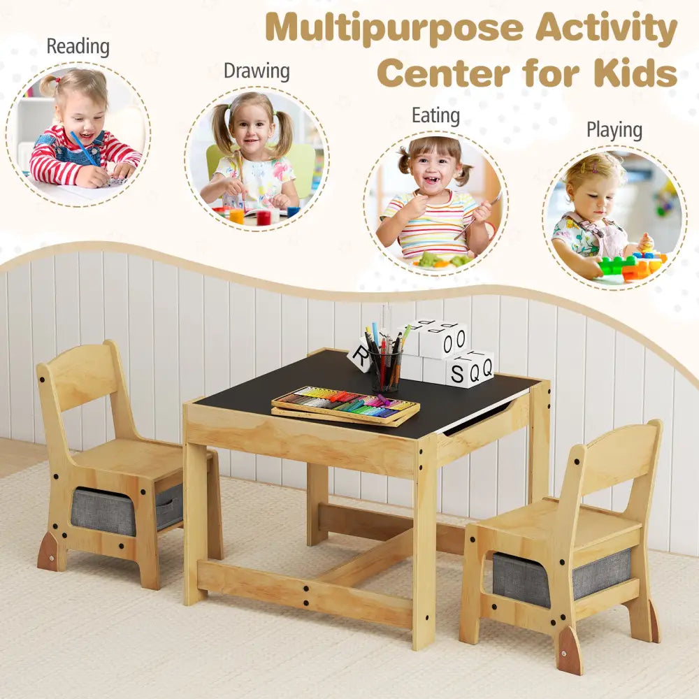 3 in 1 Kids Table and Chair Set with Removable Tabletop and 2 Storage Drawers-Gray - Gray - Kids Table & Chair Sets