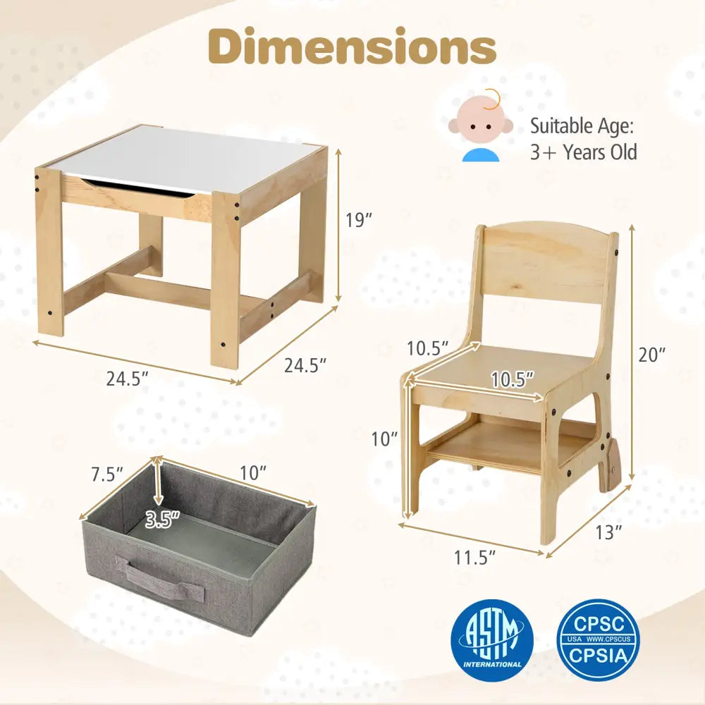 3 in 1 Kids Table and Chair Set with Removable Tabletop and 2 Storage Drawers-Gray - Gray - Kids Table & Chair Sets