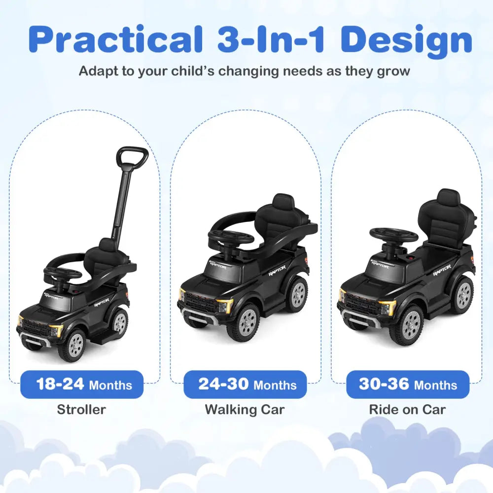 3-In-1 Licensed Ford Push Car for Toddlers-Black - Black - Push & Pedal Ride On Toys