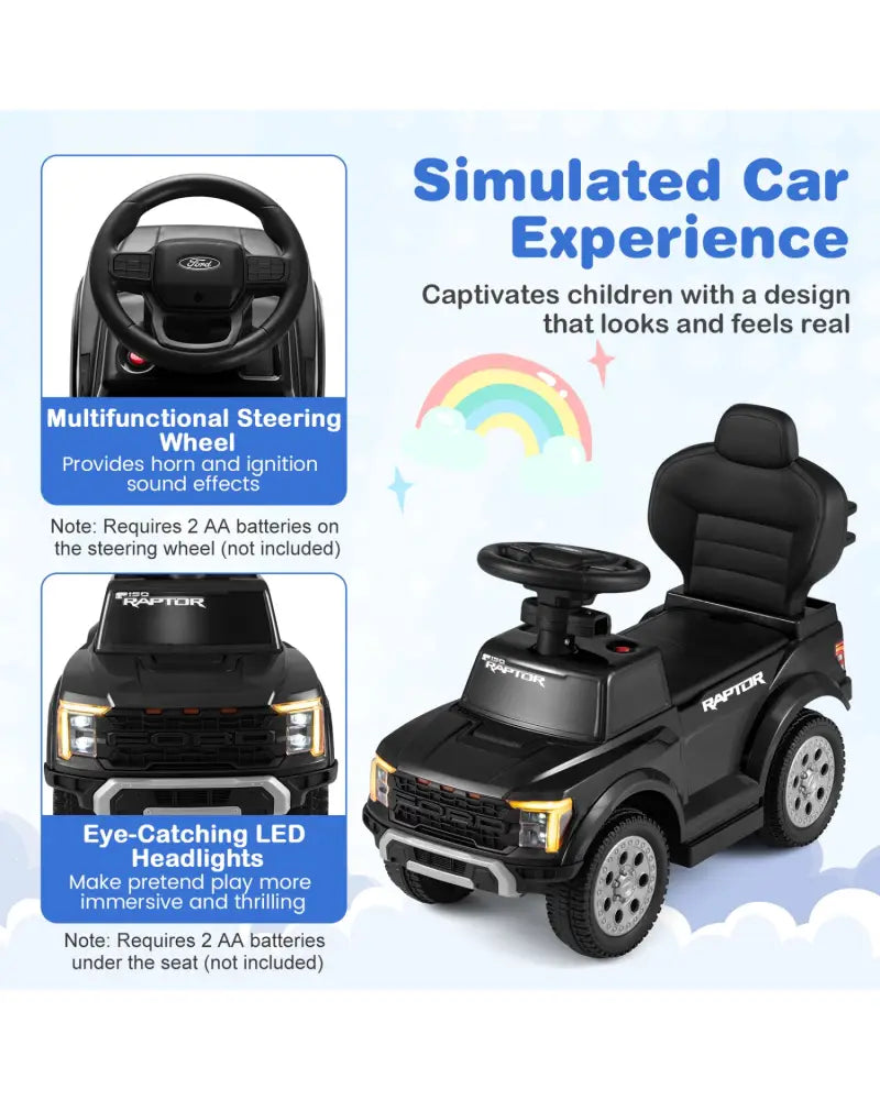 3-In-1 Licensed Ford Push Car for Toddlers-Black - Black - Push & Pedal Ride On Toys