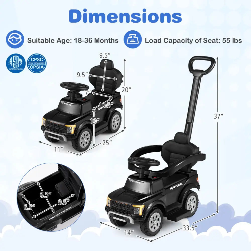 3-In-1 Licensed Ford Push Car for Toddlers-Black - Black - Push & Pedal Ride On Toys