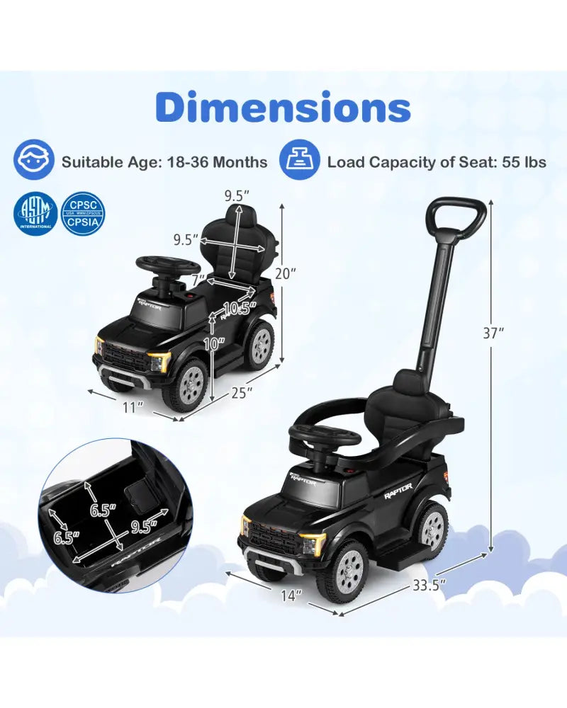 3-In-1 Licensed Ford Push Car for Toddlers-Black - Black - Push & Pedal Ride On Toys