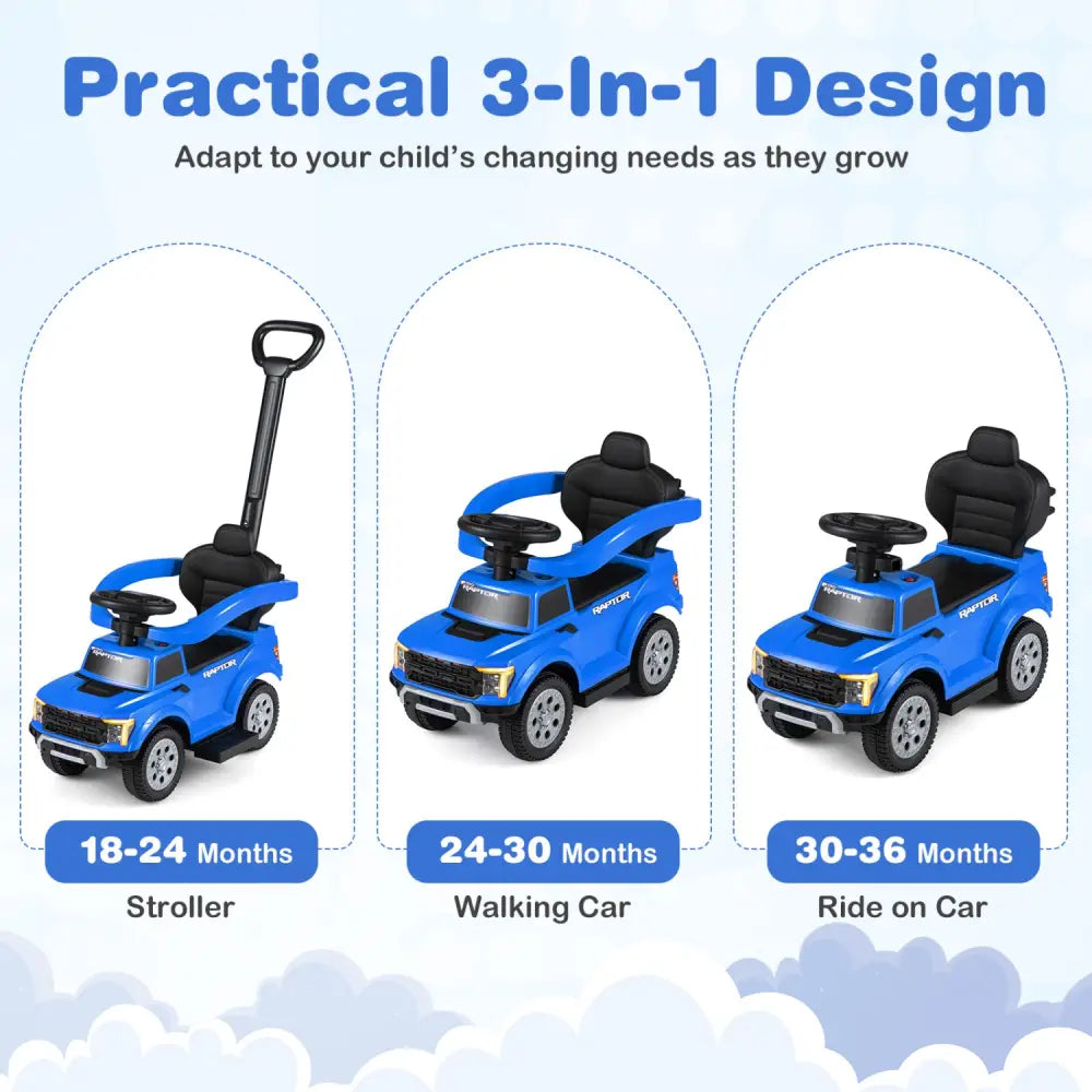 3-In-1 Licensed Ford Push Car for Toddlers-Blue - Blue - Push & Pedal Ride On Toys