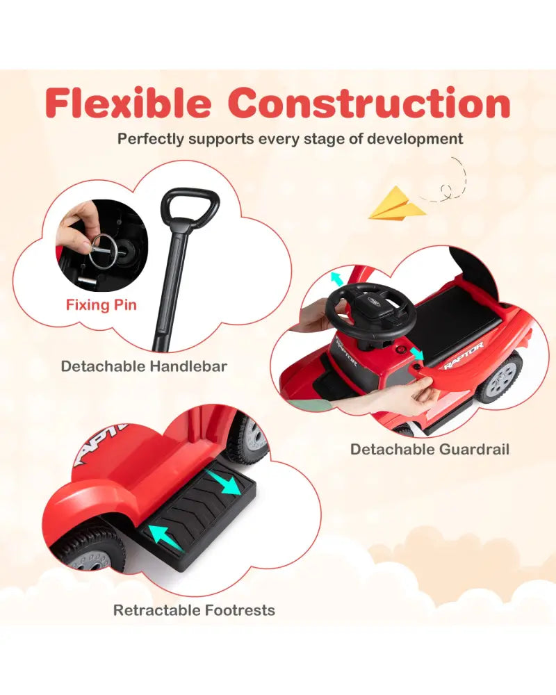 3-In-1 Licensed Ford Push Car for Toddlers-Red - Red - Push & Pedal Ride On Toys