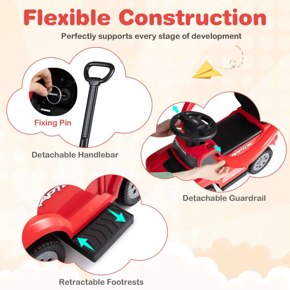 3-In-1 Licensed Ford Push Car for Toddlers-Red - Red - Push & Pedal Ride On Toys