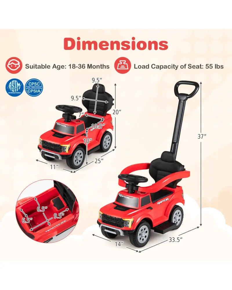 3-In-1 Licensed Ford Push Car for Toddlers-Red - Red - Push & Pedal Ride On Toys