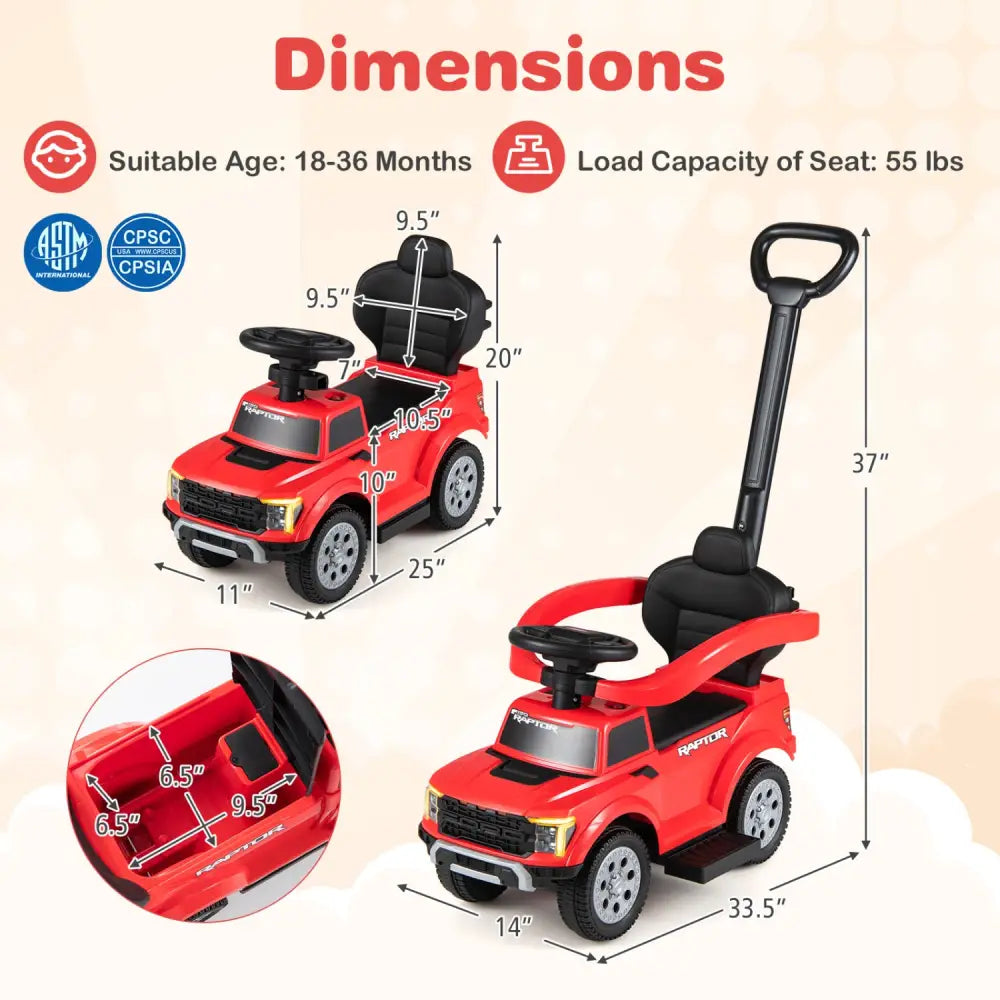 3-In-1 Licensed Ford Push Car for Toddlers-Red - Red - Push & Pedal Ride On Toys
