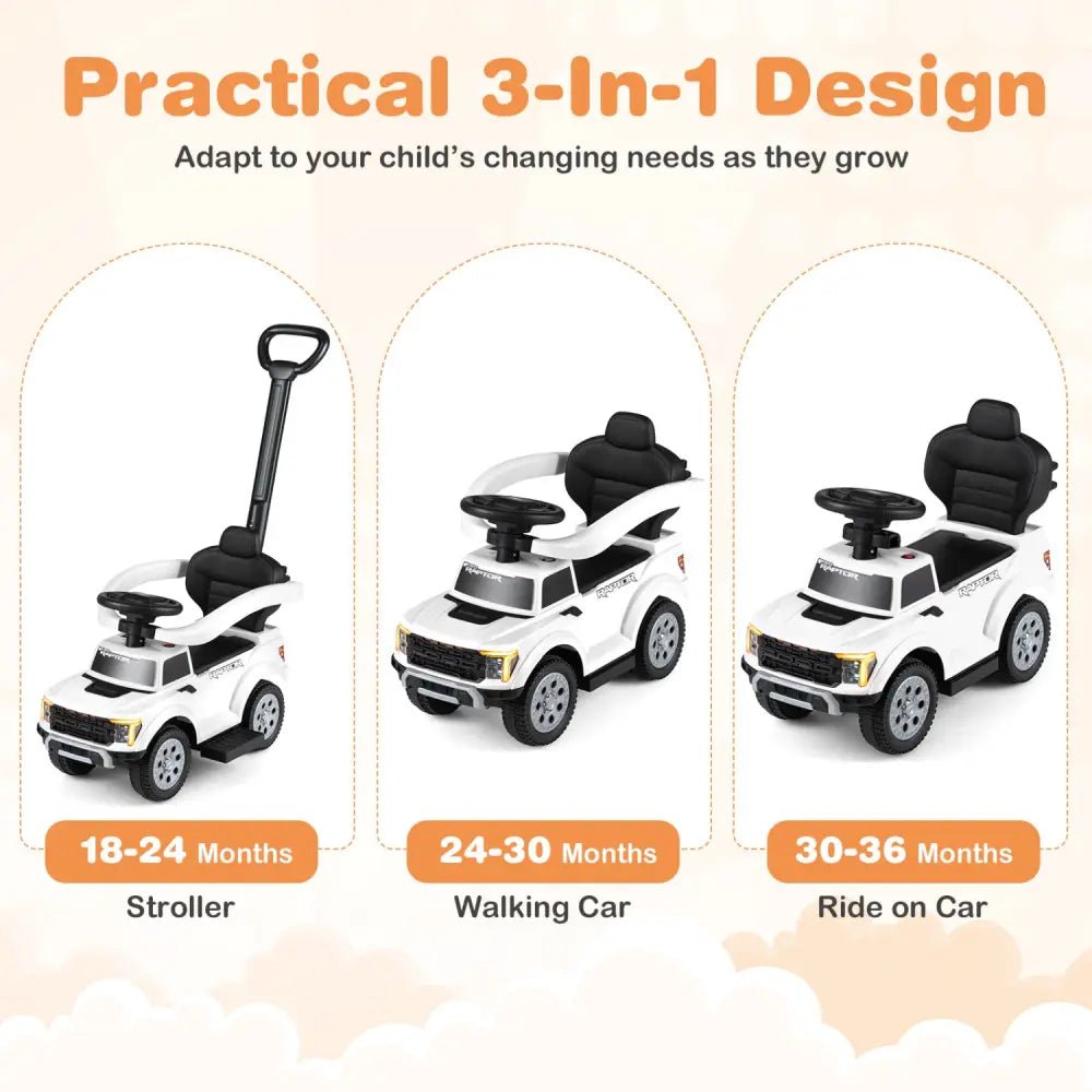 3-In-1 Licensed Ford Push Car for Toddlers-White - White - Push & Pedal Ride On Toys