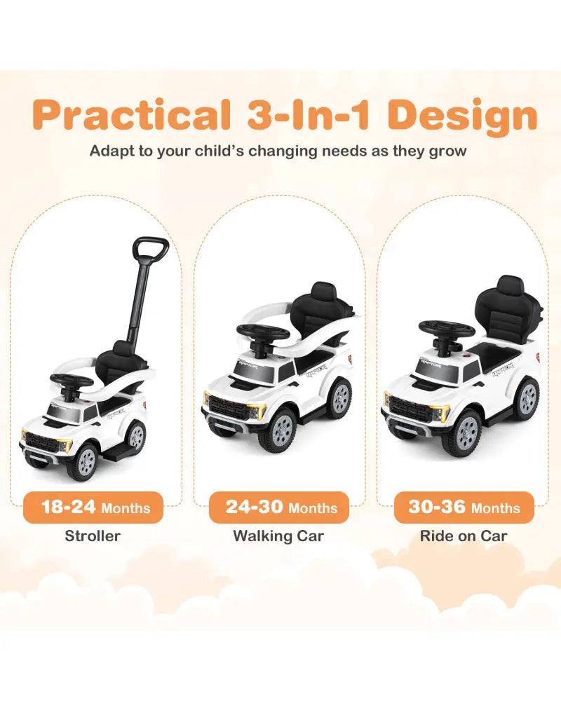 3-In-1 Licensed Ford Push Car for Toddlers-White - White - Push & Pedal Ride On Toys