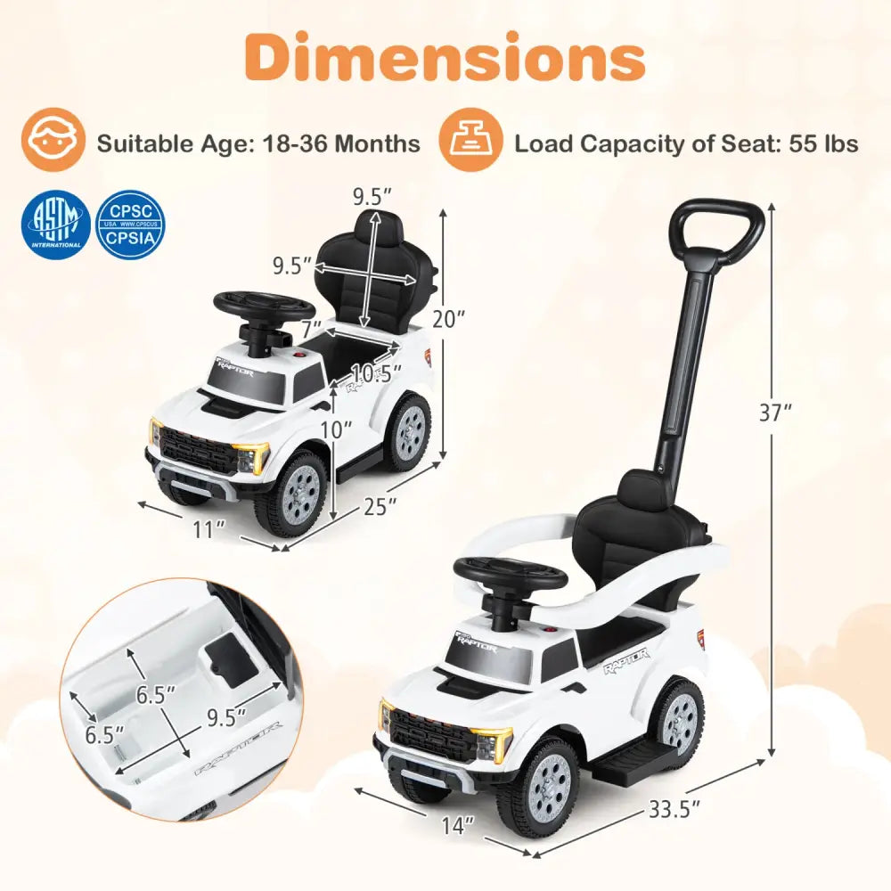 3-In-1 Licensed Ford Push Car for Toddlers-White - White - Push & Pedal Ride On Toys