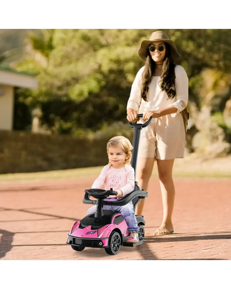 3-in-1 Licensed Lamborghini Ride on Push Car with Handle Guardrail-Pink - Pink - Push & Pedal Ride On Toys