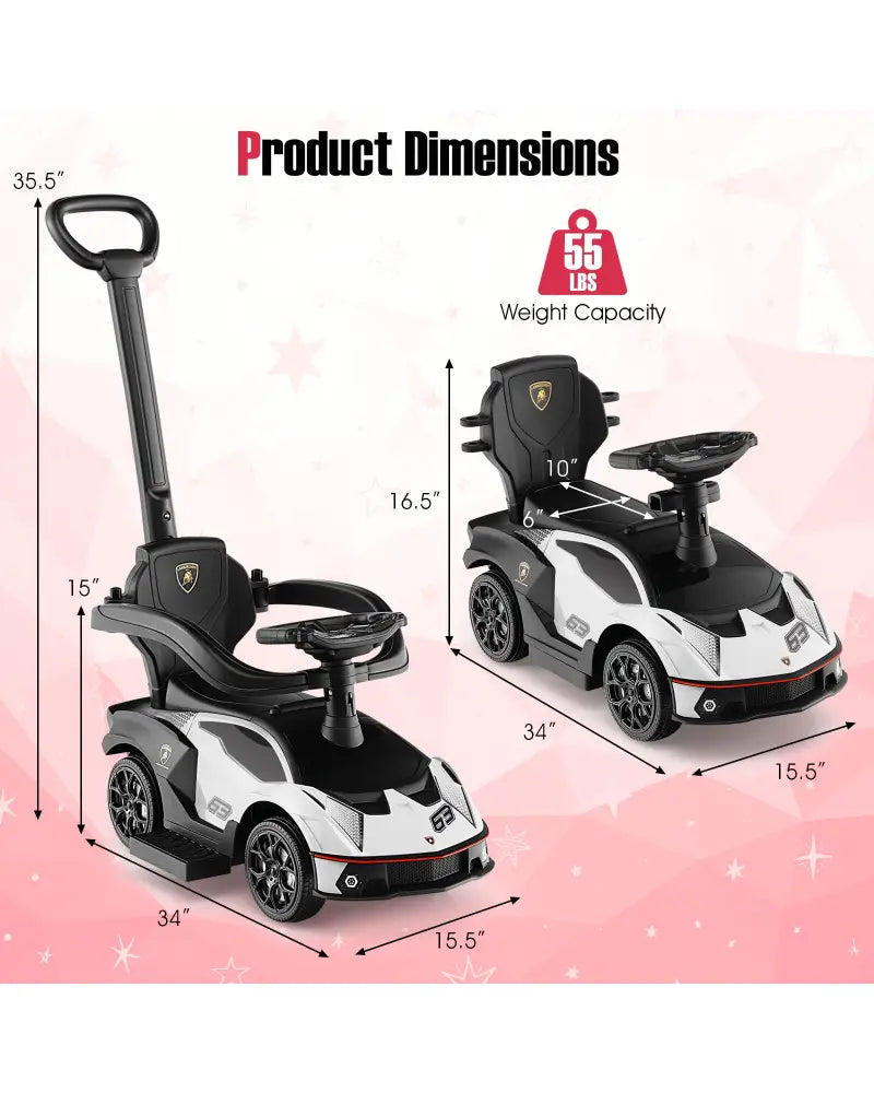 3-in-1 Licensed Lamborghini Ride on Push Car with Handle Guardrail-White - White - Push & Pedal Ride On Toys