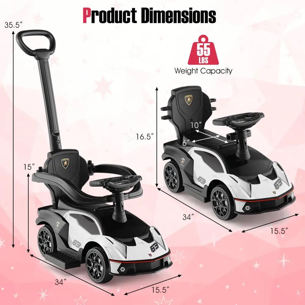 3-in-1 Licensed Lamborghini Ride on Push Car with Handle Guardrail-White - White - Push & Pedal Ride On Toys