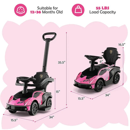3 - in - 1 Licensed Lamborghini Ride on Push Car with Handle Guardrail - Pink - Oasis Home Essentials