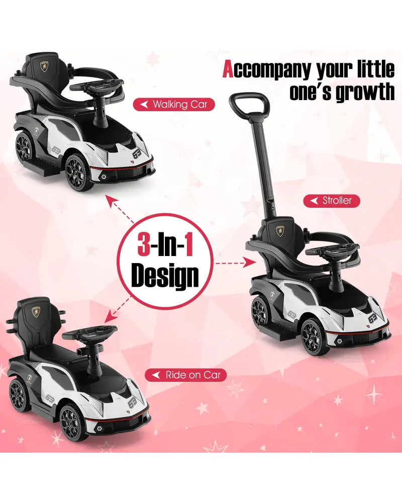 3-in-1 Licensed Lamborghini Ride on Push Car with Handle Guardrail-White - White - Push & Pedal Ride On Toys