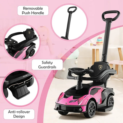 3 - in - 1 Licensed Lamborghini Ride on Push Car with Handle Guardrail - Pink - Oasis Home Essentials