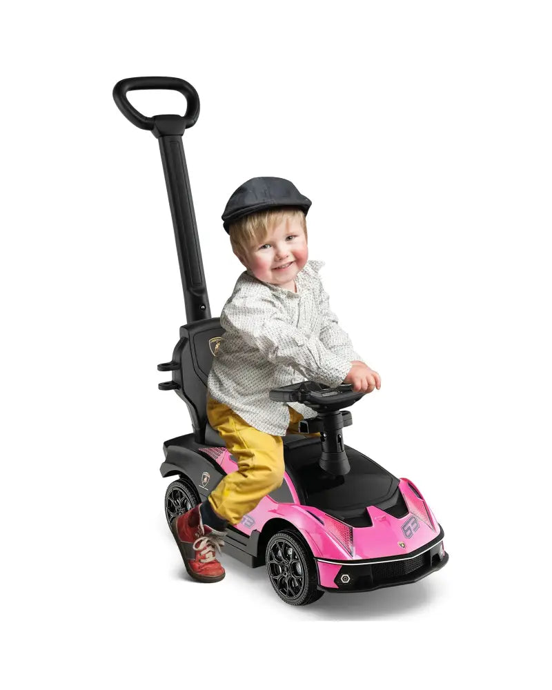 3-in-1 Licensed Lamborghini Ride on Push Car with Handle Guardrail-Pink - Pink - Push & Pedal Ride On Toys