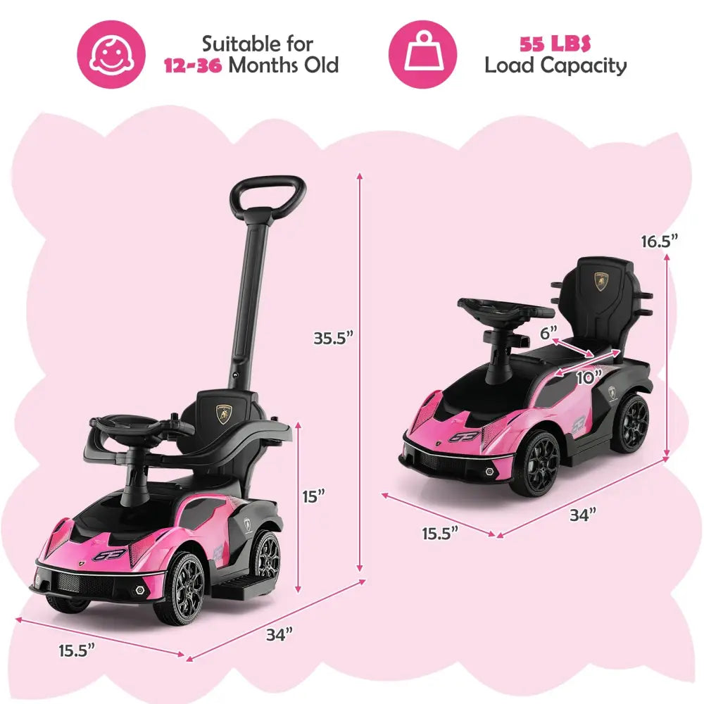 3-in-1 Licensed Lamborghini Ride on Push Car with Handle Guardrail-Pink - Pink - Push & Pedal Ride On Toys