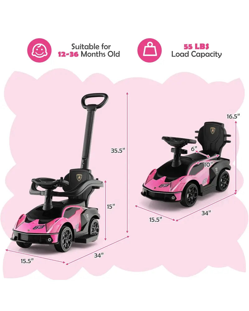 3-in-1 Licensed Lamborghini Ride on Push Car with Handle Guardrail-Pink - Pink - Push & Pedal Ride On Toys