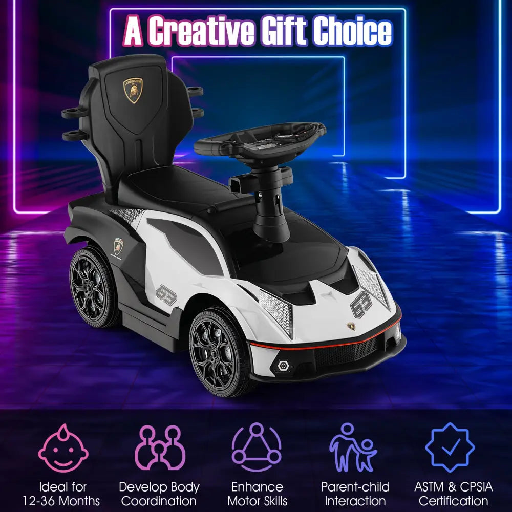 3-in-1 Licensed Lamborghini Ride on Push Car with Handle Guardrail-White - White - Push & Pedal Ride On Toys