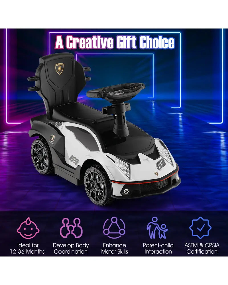 3-in-1 Licensed Lamborghini Ride on Push Car with Handle Guardrail-White - White - Push & Pedal Ride On Toys