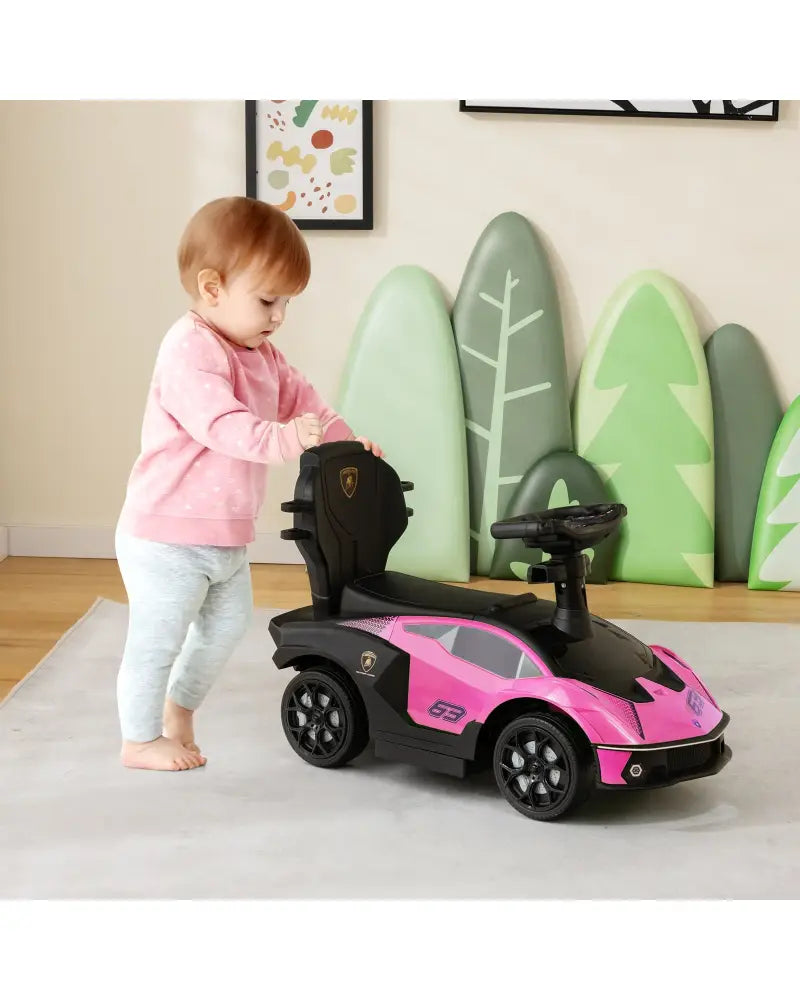 3-in-1 Licensed Lamborghini Ride on Push Car with Handle Guardrail-Pink - Pink - Push & Pedal Ride On Toys