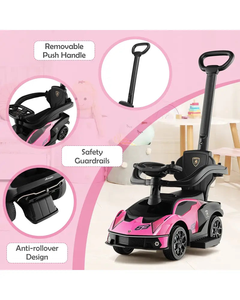 3-in-1 Licensed Lamborghini Ride on Push Car with Handle Guardrail-Pink - Pink - Push & Pedal Ride On Toys