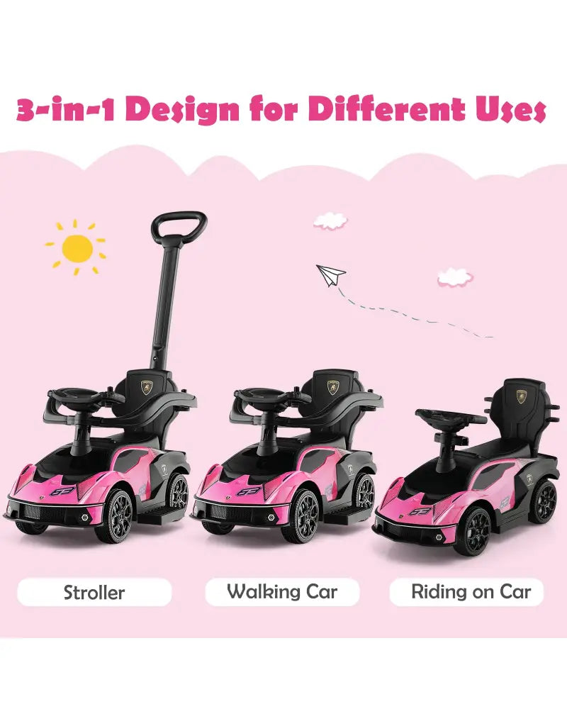 3-in-1 Licensed Lamborghini Ride on Push Car with Handle Guardrail-Pink - Pink - Push & Pedal Ride On Toys