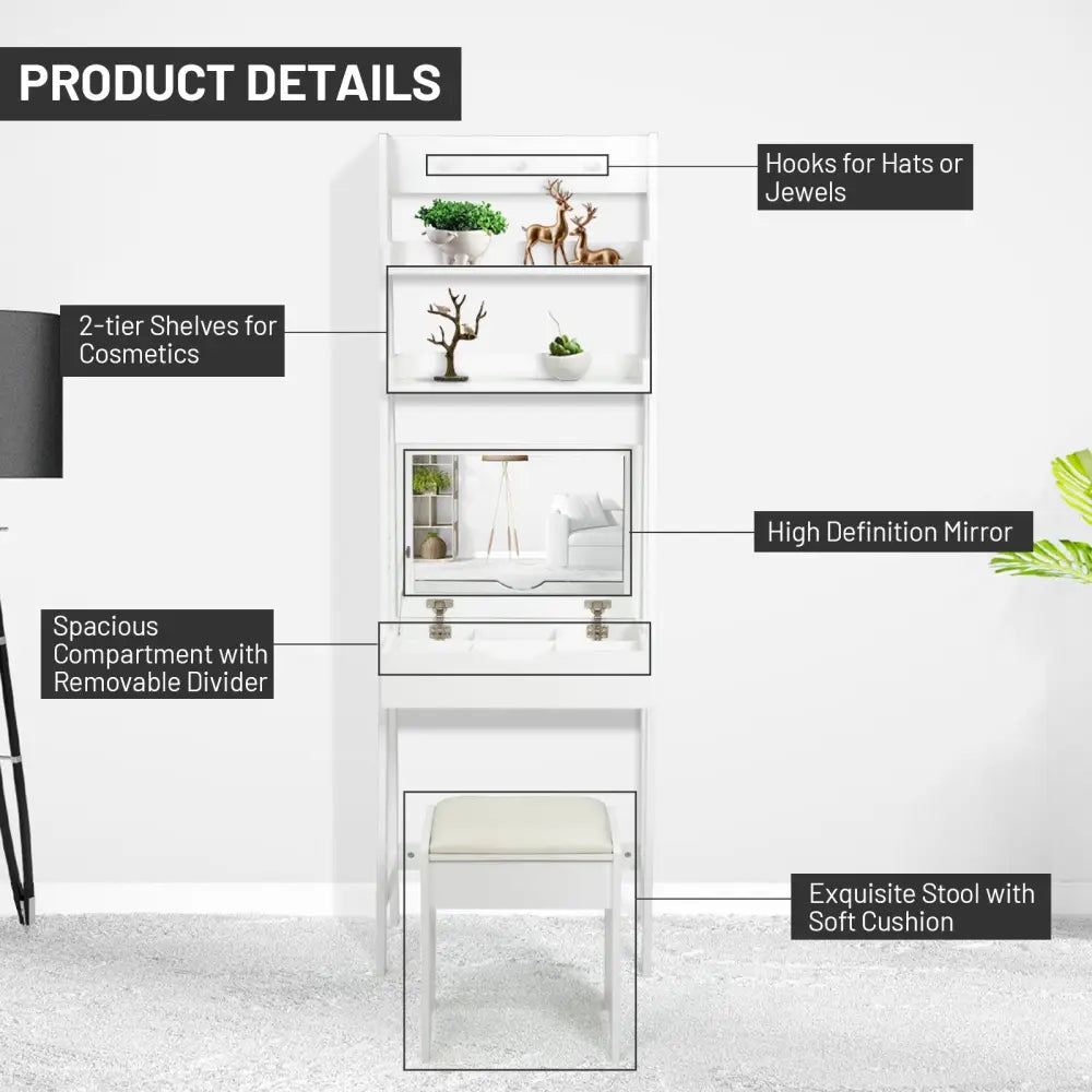 3-in-1 Modern Shelf Vanity Set with Flip Top Mirror and 6 Makeup Organizers - White - Makeup Vanities
