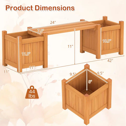 3-in-1 Outdoor Planter Box with Bench 2-Person Outdoor Bench with 2 Side Garden Beds-Orange - Orange - Raised Garden