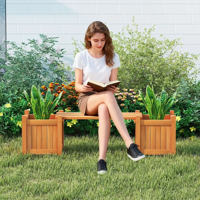 3-in-1 Outdoor Planter Box with Bench 2-Person Outdoor Bench with 2 Side Garden Beds-Orange - Orange - Raised Garden